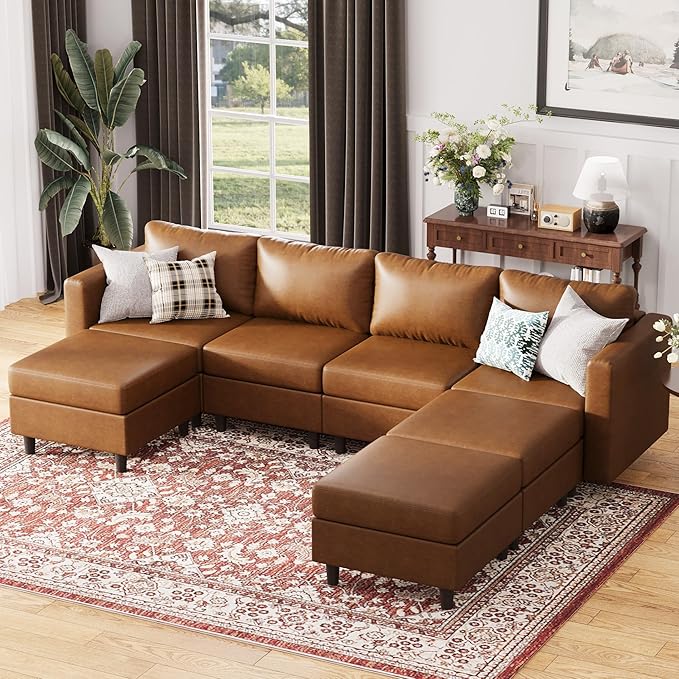 118.5" Faux Leather Modular Sectional Sofa, 7 Seater U Shaped Couch with Storage Seat with Reversible Chaise Deep Seat for Living Room Brown-CasaMuseHome