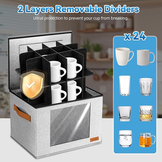 2-Layer Coffee Mug Storage Box with Dividers, Cup Storage Organizer with Zipper Lid and Handles, Stackable China Storage Containers Service for 24 Mugs, Cups and Glasses, Light Grey-CasaMuseHome