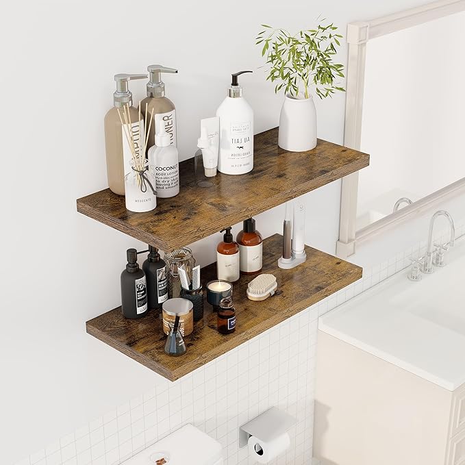 30" Floating Shelves for Wall, 12" Deep Slim Rustic Brown Floating Shelves, Wall-Mounted Shelves for Bedroom, Living Room, Kitchen, Bathroom - Set of 2-CasaMuseHome