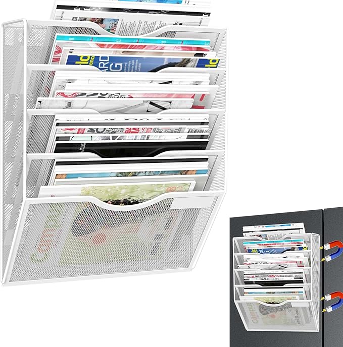 5-Tier Magnetic File Organizer, No Drilling Installation, White Magnetic Paper Holder, Magazine Rack for Refrigerator and File Cabinets-CasaMuseHome