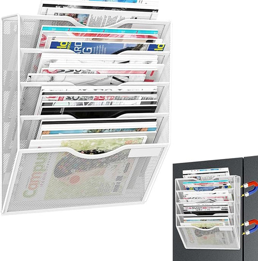 5-Tier Magnetic File Organizer, No Drilling Installation, White Magnetic Paper Holder, Magazine Rack for Refrigerator and File Cabinets-CasaMuseHome