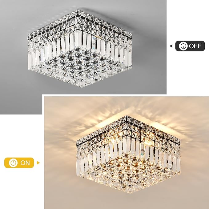 4-Light Black Crystal Chandeliers Flush Mount Chandelier Light Fixture with K9 Crystals Modern Ceiling Lights Elegant Square Lamp for Bedroom,Hallway,Bar,Living Room,Dining Room,H5.9 xW13.7-CasaMuseHome