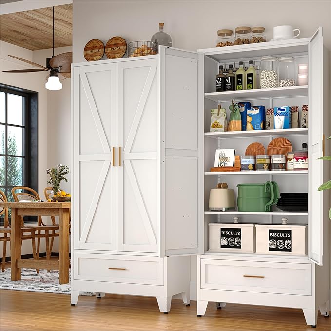 71 "Farmhouse Metal Filing Cabinet with a Drawer and 4 Adjustable Shelves, with 2 Large barn Door White Kitchen Cabinets, Metal Food Cabinets for Home, Kitchen, Dining/Living Room (White)-CasaMuseHome