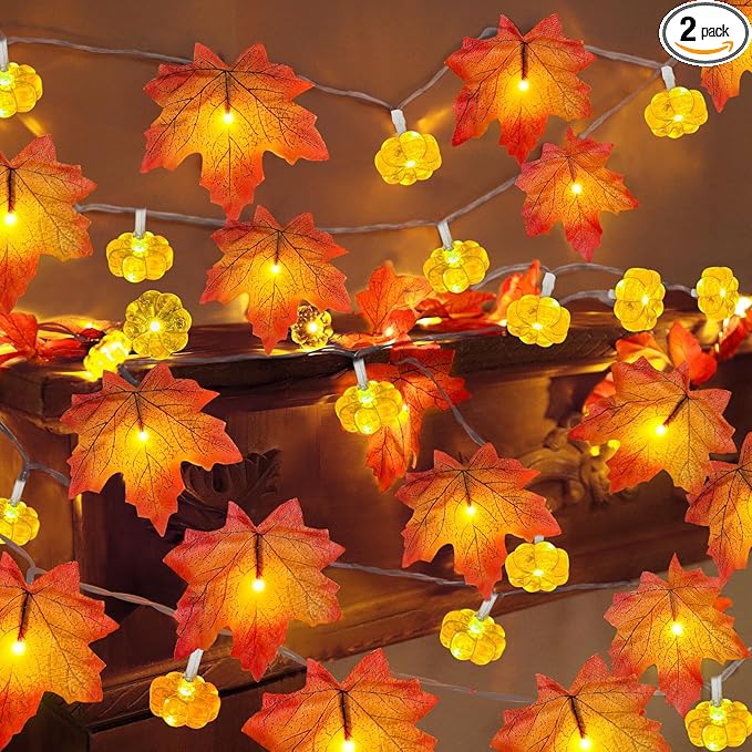 2 Pack & Timer - Fall Garland with Pumpkin Lights Halloween Fall Decor for Home 60LED 20Ft Enlarged Maples Leaves Halloween Garland Lights Indoor Battery Operated Thanksgiving Decor Wedding Christmas-CasaMuseHome