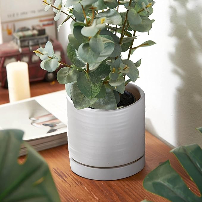 6 + 8 Inch Plant Pots, Ceramic Planter Pot with Drainage Hole & Saucer, Indoor/Outdoor Cylinder Round Planter Pot, Matte White-CasaMuseHome