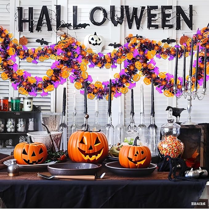 50 Ft Halloween Tinsel Garlands,Funny Pumpkin Purple Bats Shiny Metallic Twist Foil Tinsel Garland Hanging Holiday Decorations for Home Indoor Outdoor Festivities Party Decor-CasaMuseHome