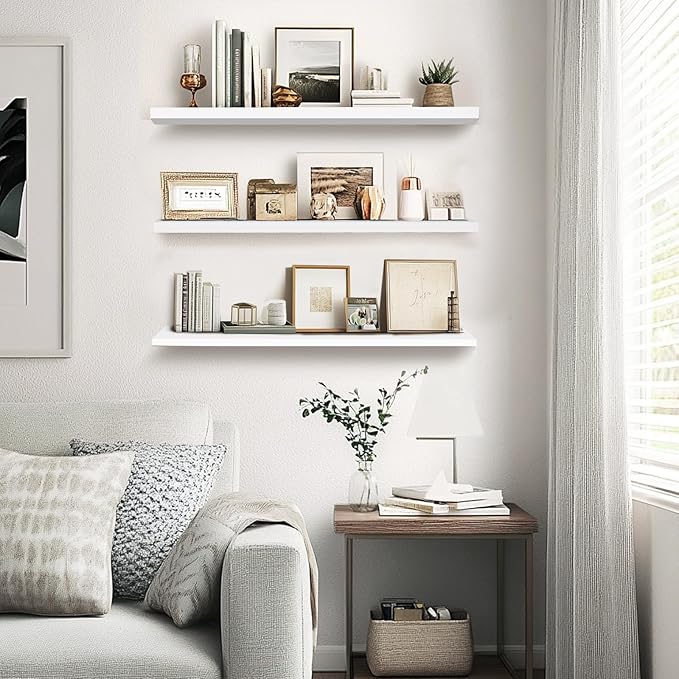 3-Pack Floating Wall Shelves, 24-Inch Rustic White Wooden Shelves for Storage and Décor, Easy Installation for Living Room, Bedroom, and Kitchen-CasaMuseHome