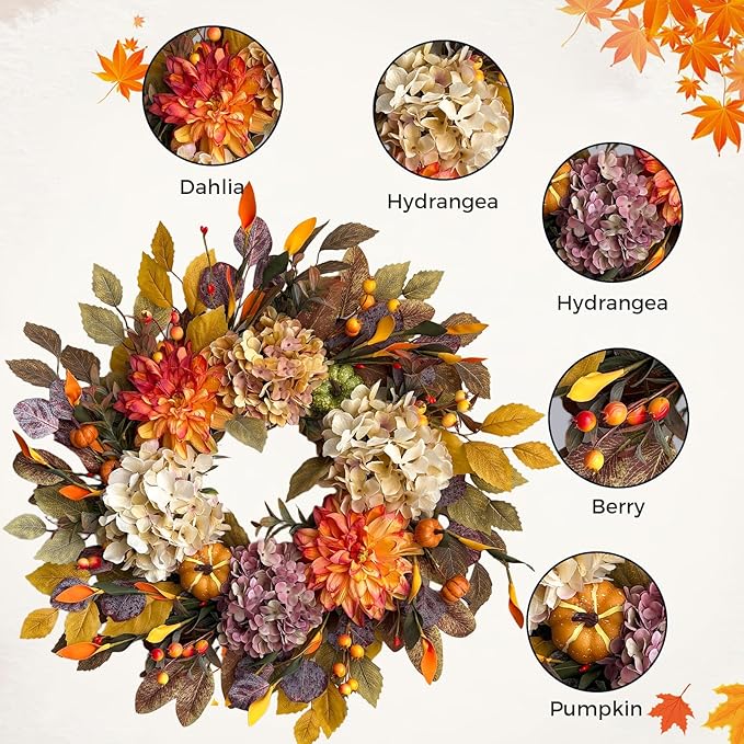 24Inch Fall Wreaths for Front Door,Fall Wreath with Beige Hydrangea,Orange Dahlia Artificial Flowers,Pumpkins,Autumn Wreaths for Harvest Thanksgiving Halloween Indoor Outdoor Home Decor-CasaMuseHome