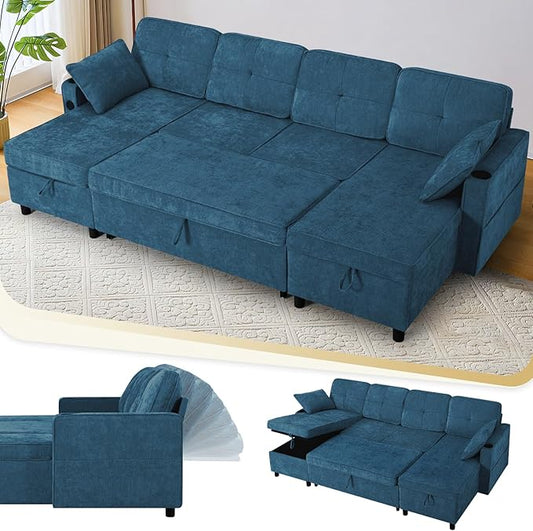 110 Inches Chenille Sectional Sofa w/Pull Out Sofa Bed & Adjustable Back, Tufted U Shaped Couch w/Two Storage Chaises, Sleeper Sectional Sofa w/USB Port & Cup Holders for Living Room, Blue-CasaMuseHome