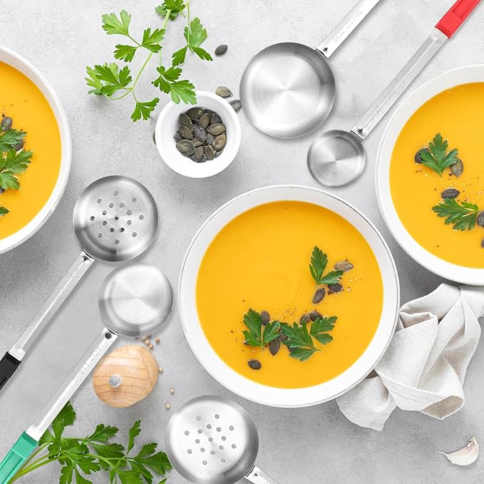 16 Pcs Portion Control Serving Spoons, Restaurant Measuring Serving Ladle Utensils, Portion Control Slotted Scoops for Weight Loss, Solid and Perforated Scoops(4 Colors,4 Sizes)-CasaMuseHome