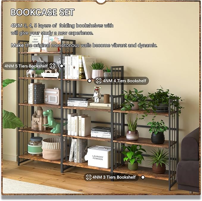4NM No Assembly 3 Tiers Folding Bookshelf, 35" H Foldable Storage Shelves Vintage Bookcase Standing Racks Study Organizer Home Office - Rustic Brown Black-CasaMuseHome