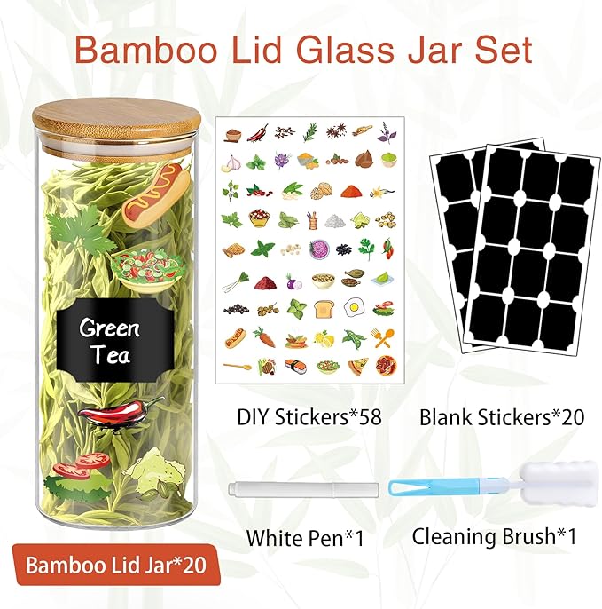 16 oz 20 pcs Glass Jars with Bamboo Lids, Stackable Clear Food Storage Jars, Airtight Kichen Glass Pantry Storage Containers with Lids for Rice, Candy, Sugar, Flour, Nuts, Cookie, Spice-CasaMuseHome