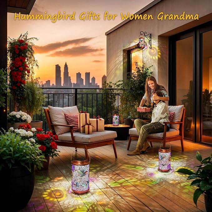 2Pack Solar Lanterns Outdoor Waterproof Hummingbird Colorful Garden Gifts for Mom, Multicolor Solar Lights Lantern for Backyard Garden, Pathway, Outside, Mothers' Day Gifts for Grandma Women-CasaMuseHome