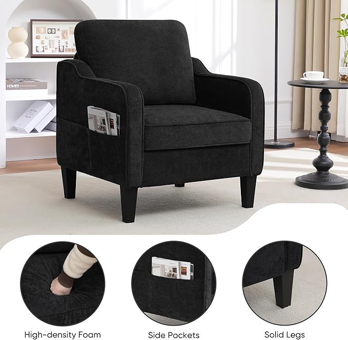 Accent Chairs Set of 2, Upholstered Living Room Chairs with Side Pockets, Mid Century Modern Reading Chair for Bedroom, Comfy Armchair Single Sofa Side Chair for Office, Small Room, Black-CasaMuseHome