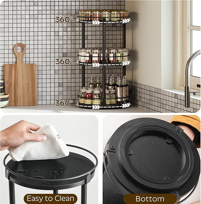 3-Tier Lazy Susan Organizer, Rotating Spice Rack, Spinning Organizer, Industrial Turntable Spice Rack Organizer for Cabinet, Kitchen Countertop, Pantry, Black SR23BK-CasaMuseHome