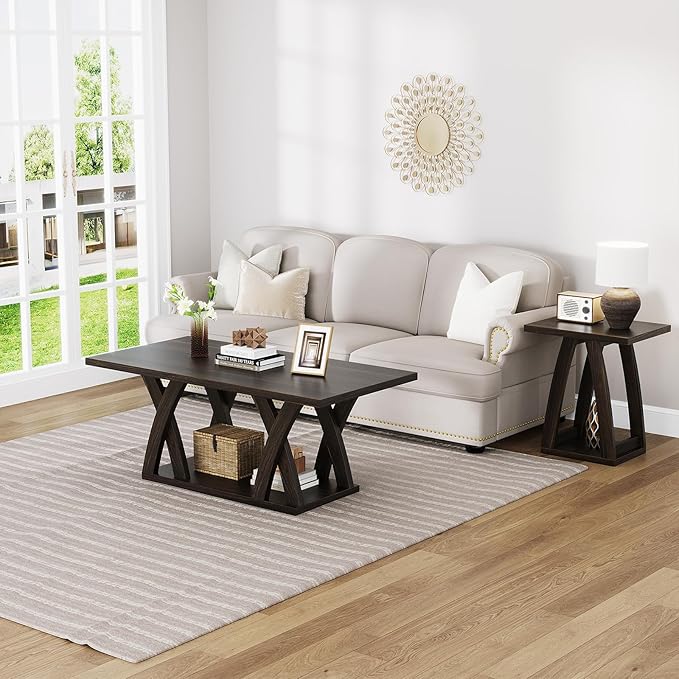 47” Wood Coffee Tables for Living Room Rustic Stands with Storage Shelf Brown Coffee Tables for Living Room. Farmhouse Center Stands with Shelf Farmhouse Rectangle Center Table-CasaMuseHome