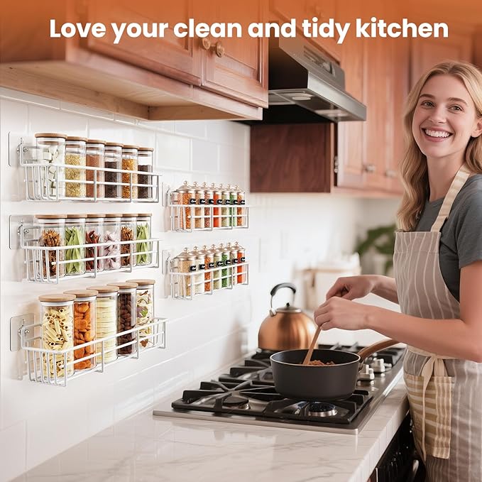 5 Pack Spice Rack Seasoning Organizer Wall Mount, Screw or Adhesive Hanging Shelf Basket Spice Organizer Shelf for Kitchen, White-CasaMuseHome