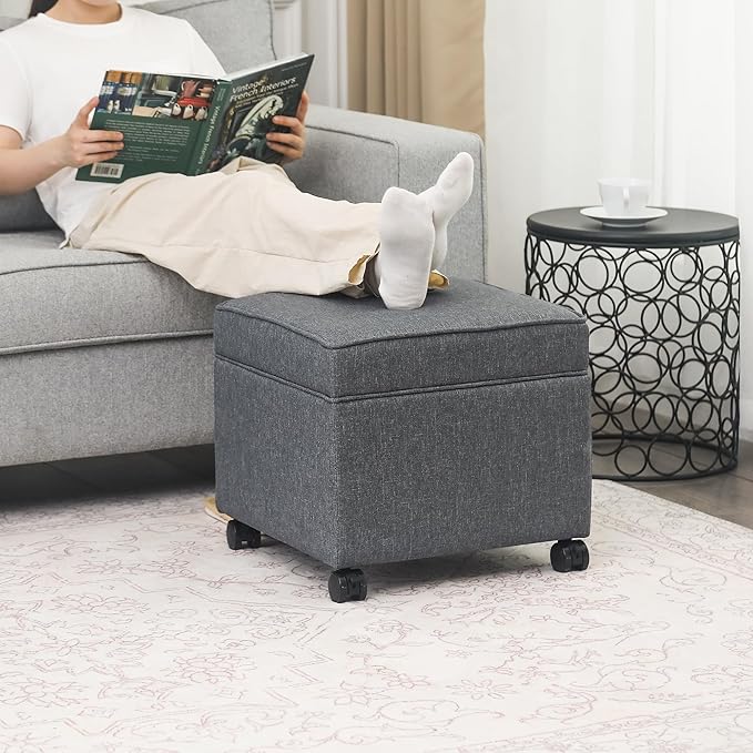Adeco 17.5" Square Fabric Ottoman with Storage, Upholstered Cotton Linen Foot Rest, Flip Top Footstool, Small Cube Coffee Table Extra Seat for Living Room, Bedroom, Grey with Rolling Legs-CasaMuseHome