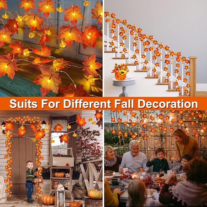 2 Pack & Timer - Fall Garland with Pumpkin Lights Halloween Fall Decor for Home 60LED 20Ft Enlarged Maples Leaves Halloween Garland Lights Indoor Battery Operated Thanksgiving Decor Wedding Christmas-CasaMuseHome