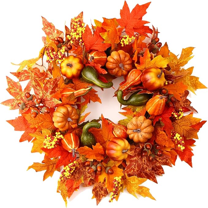24 Inch Fall Wreaths for Front Door, Fall Decorations for Home,Fall Wreath,Autumn Wreath with Pumpkins Berries Maple Leaves for Thanksgiving Halloween Decorations Indoor Outdoor Outside Fall Decor-CasaMuseHome