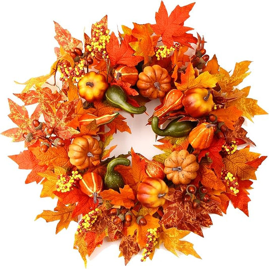 24 Inch Fall Wreaths for Front Door, Fall Decorations for Home,Fall Wreath,Autumn Wreath with Pumpkins Berries Maple Leaves for Thanksgiving Halloween Decorations Indoor Outdoor Outside Fall Decor-CasaMuseHome