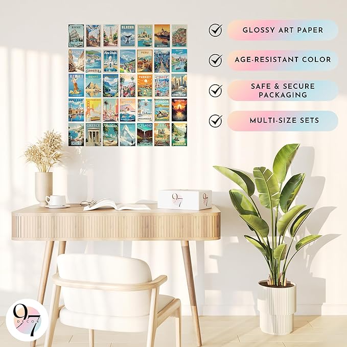 97 Decor Vintage Travel Decor - Travel Posters Wall Art Prints, Vintage Postcards from Around The World, City Landscape Aesthetic Pictures Retro Popular Cities Photo Collage Kit for Teen Bedroom (4x6)-CasaMuseHome