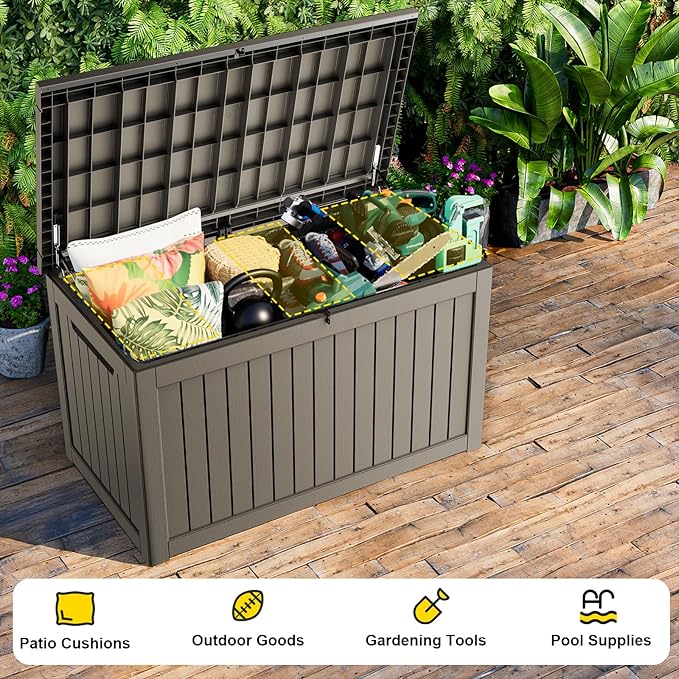 230 Gallon Outdoor Deck Box,Storage Lockable Waterproof Patio Furniture,Garden Tools,Cushions,Pool Accessories Outside Storage Resin Box(Grey)-CasaMuseHome