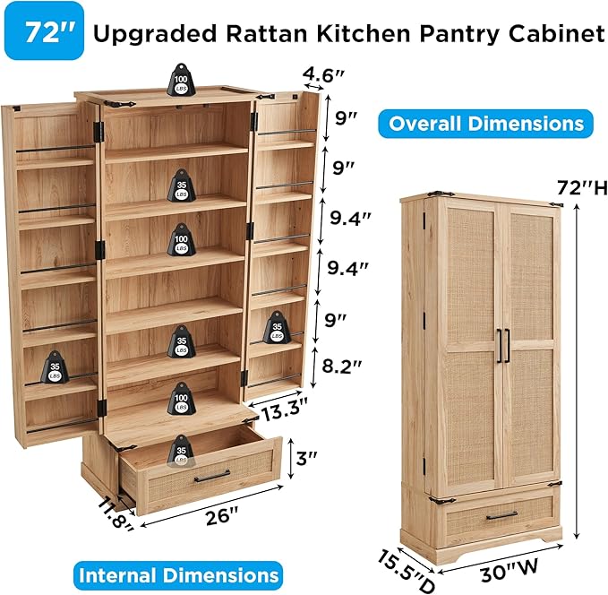 72" Tall Rattan Kitchen Pantry Cabinet with Drawer, Boho Storage Cabinet with 2 Rattan Doors and Shelves, Versatile Large Cabinet for Dining Room, Bathroom, Living Room, Laudry, Natural Oak-CasaMuseHome