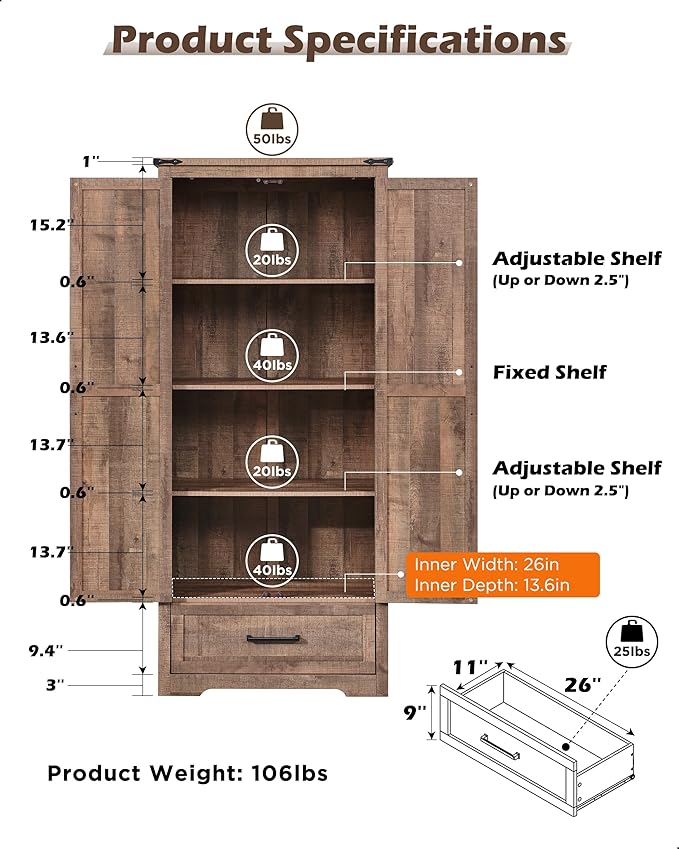 72" Tall Wood Storage Cabinet, Farmhouse Kitchen Pantry Cabinet with Adjustable Shelves & Drawer & Barn Doors, Versatile Storage for Kitchen, Dining Room, Bathroom, Light Brown-CasaMuseHome