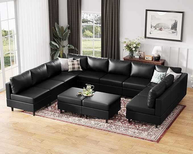 ABCASA Oversized 145.5" Faux Leather Modular Sectional Sofa, Modern Large 12 Seater U Shaped Couch with Storage Seat with Reversible Chaise Deep Seat for Living Room DIY Combination - Black-CasaMuseHome