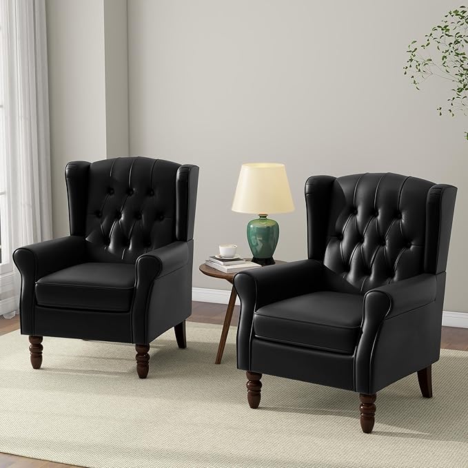 Accent Chair, Upholstered Armchair with Button Tufted High Back & Solid Wood Legs, Comfy Wingback Reading Single Sofa Chair for Small Spaces, Living Room, Bedroom (Leather Black, Set of 2)-CasaMuseHome
