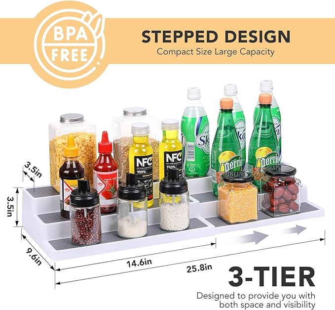 3 Tier Expandable Spice Rack Organizer, Plastic Spice Rack, Adjustable Length 14.6In-25.8In, Non-Skid Tiered Spice Shelf Organizer for Kitchen Cabinet, Cupboard, Pantry, White/Grey-CasaMuseHome