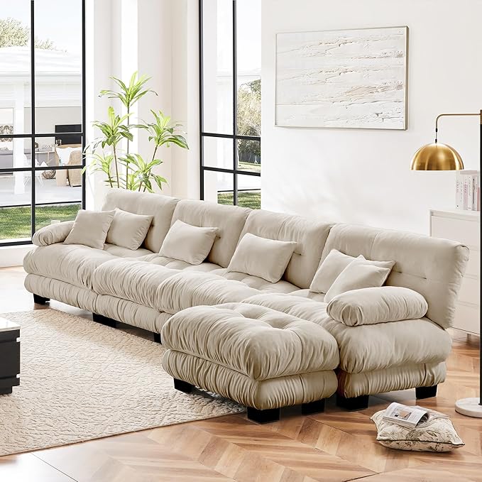 L Shaped Couch Sectional Couch, 4-Seater Cloud Couch Sectional Oversized Couch, Sofa Bed Couch with Round Bolster Armrests 6 Pillows, Modular Couch Home Sofa Living Room Couch-CasaMuseHome