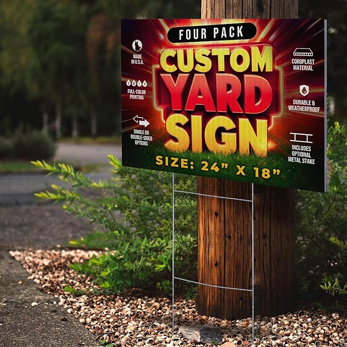 4 Pack 24"x18" Custom Yard Signs with Stakes, Personalized Yard Signs for Outdoors, Customized Full Color Print Corrugated Signs for Business-CasaMuseHome