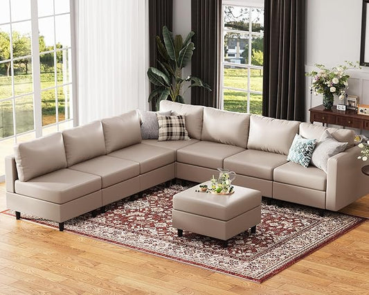118.5" Faux Leather Modular Sectional Convertible Sofa, L Shaped Couch Set for Living Room, Large 8-Seater Comfy Cloud Couches with Movable Storage Ottoman DIY Combination - Whitesand-CasaMuseHome