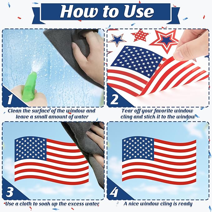 158 Pcs 4th of July Window Clings, 9 Sheets Patriotic Window Clings Decals, Watercolor Double-Sided American Flag Stars Firework Window Stickers for Independence Day Parade Veterans Memorial Day Decor-CasaMuseHome