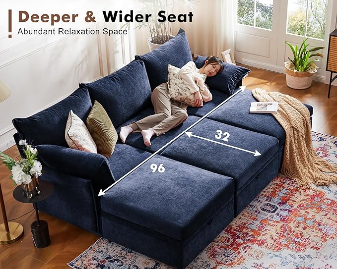 134.6" Oversized Modular Sectional Sofa, 6 Seater U Shaped Couch with Storage Ottoman with Reversible Chaise Deep Seat for Living Room, Apartment - Chenille Blue-CasaMuseHome