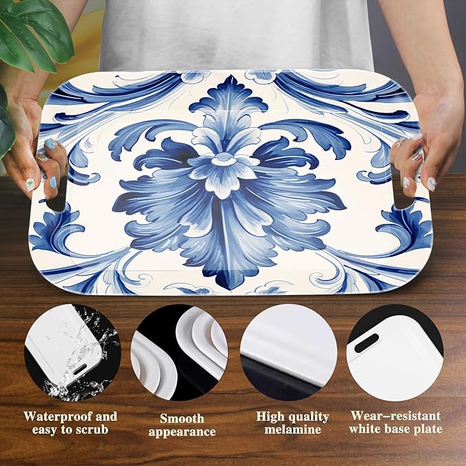 Serving Trays with Handles, 14.5 x 9.8 inch Rectangular Plastic Tray for Restaurant, Kitchen, Blue and White Pattern-CasaMuseHome