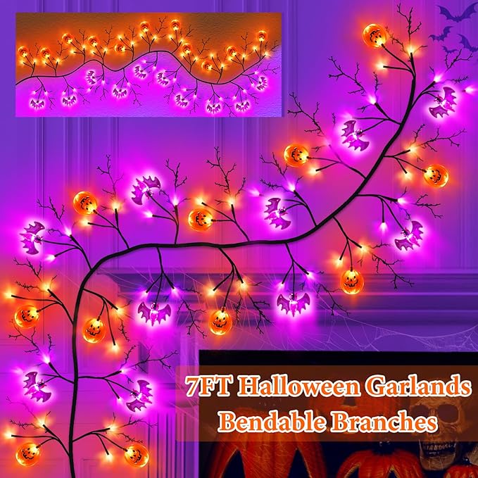 7 Ft 63 LED Halloween Willow Vine Twig Garland with 8 Modes Timer Orange Purple 21 Pumpkin Bats Lights,Halloween Garland with Waterproof Battery Operated for Indoor Wall Fireplace Decorations-CasaMuseHome