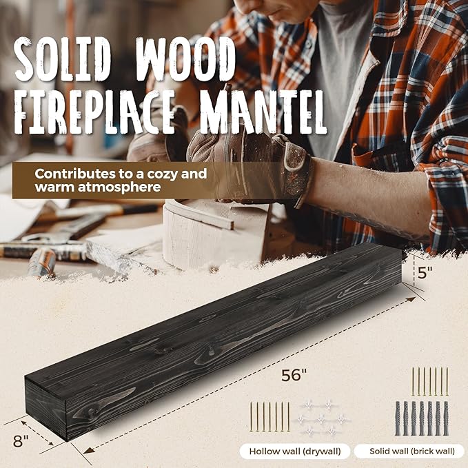 56x8x5 Fireplace Mantel - Handcrafted Hollow Rustic Solid Wood Wall Mounted Floating Shelf with Invisible Heavy Duty Wood Bracket (Weathered Black)-CasaMuseHome