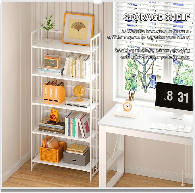 4NM No Assembly 5 Tiers Folding Bookshelf, 59.4" H Foldable Storage Shelves Vintage Bookcase Standing Racks Study Organizer Home Office - All White-CasaMuseHome