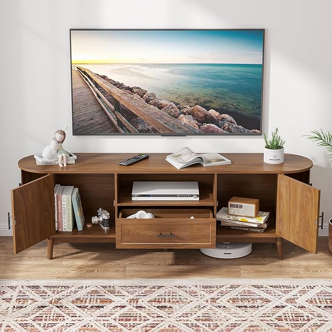 70" Fluted TV Stand for Tvs up to 80", Mid-Century Modern Entertainment Center with Drawers and Fluted Doors, Curved TV Media Console Table with Sliding Doors for Living Room, Bedroom (70")-CasaMuseHome