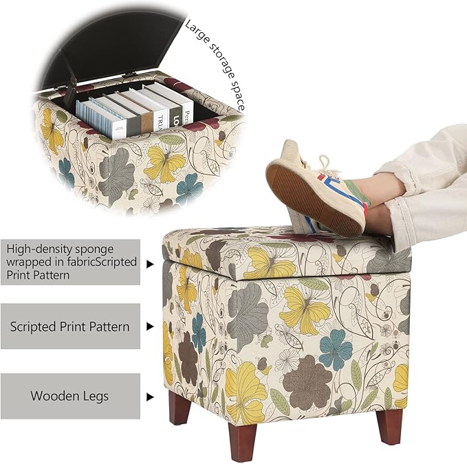 Adeco 18 Inch High Cube Ottoman Storage, Floral Printed Linen Chair Foot Stools, Upholstered Vanity Stool with Hinged Lid, Solid Wood Legs-CasaMuseHome