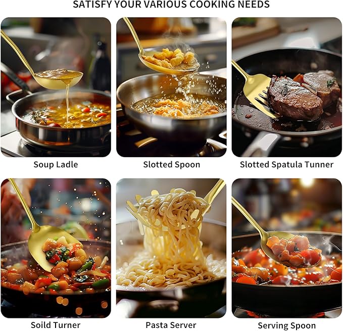 304 Stainless Steel Cooking Utensils,6 Pcs Kitchen Cooking Utensils Set with Spatula, Solid Spoon, Ladle, Skimmer, Spaghetti Spoon,Dishwasher Safe(Gold)-CasaMuseHome