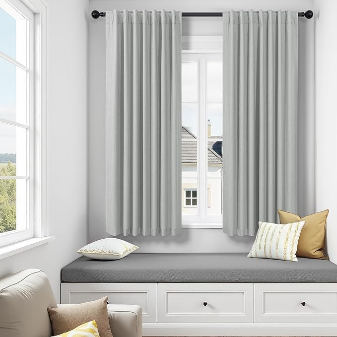 45 Inch Length Kitchen Blackout Curtains Set of 2 Back Tab Pleated Room Darkening Short Small Curtains for Bathroom Kids Room Nursery Bedroom 52x45 in Long Light Grey Gray Black Out Neutral Cottage-CasaMuseHome