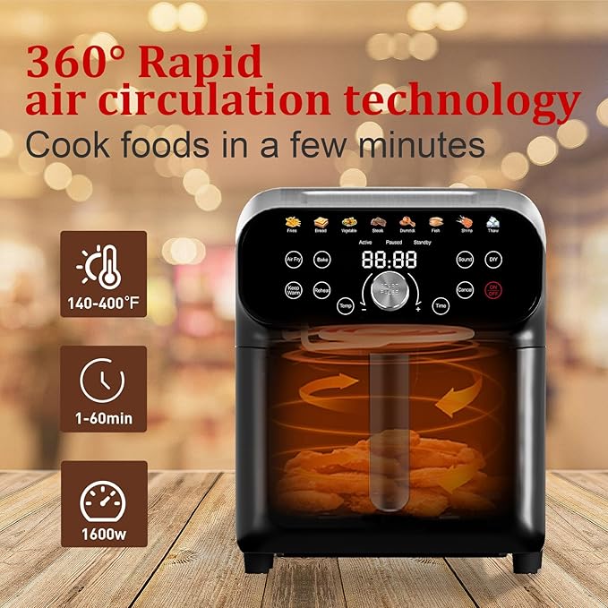 6.3QT Air Fryer Oven with LED Digital Touchscreen, 12 Preset Cooking Functions Air fryers, Bake, Reheat, Keep Warm, Nonstick and Dishwasher-Safe Basket, Stainless Steel/Black-CasaMuseHome