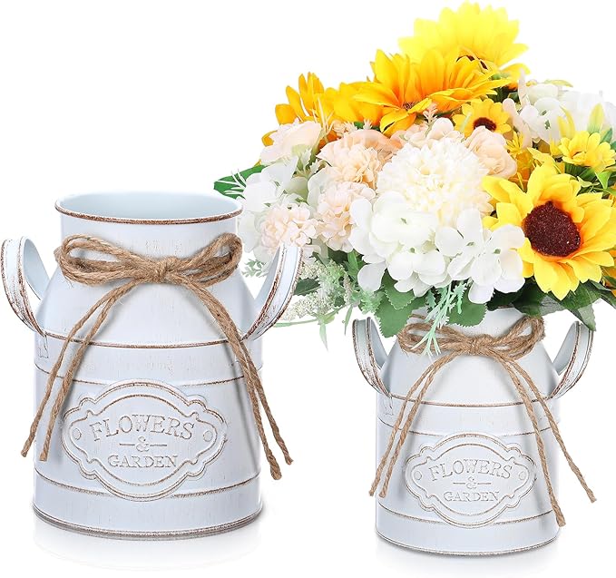 6 Inch Farmhouse Vase Decor Milk Can Vintage Flower Jug Galvanized Metal Vase with Handle Rustic Flower Buckets for Thanksgiving Christmas Table Centerpiece Weddings Gifts(Retro White,2 Pcs)-CasaMuseHome