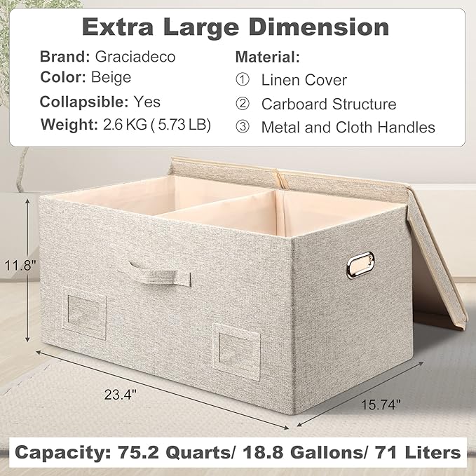 75 Quart Extra Large Decorative Collapsible Storage Bins with Lids, 1 Pack Beige Stackable Boxes-CasaMuseHome