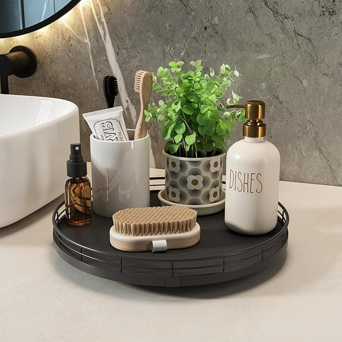 13" Lazy Susan Turntable Organizer for Table Top, Round Wooden Lazy Susan for Cabinet Kitchen Decor Centerpieces Coffee Table, Storage Condiments Spices, Bathroom Vanity Tray for Soap, Black-CasaMuseHome