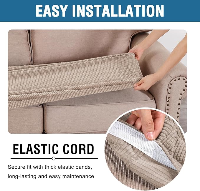 H.VERSAILTEX Super Stretch Individual Seat Cushion Covers Sofa Covers Couch Cushion Cover Slipcover Sets Thick Jacquard Textured Twill Fabric (3 Piece XL Sofa Cushion Covers, Sand)-CasaMuseHome